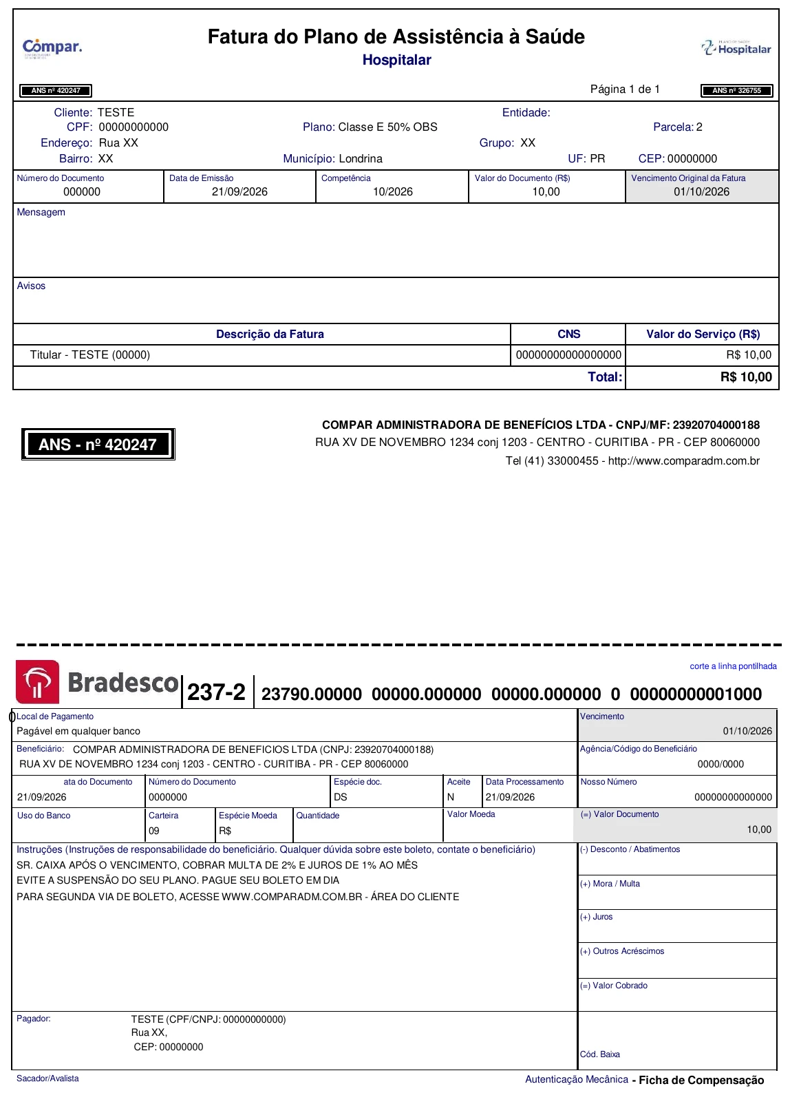 Exemplo de boleto Compar Administradora - Banco Bradesco 237